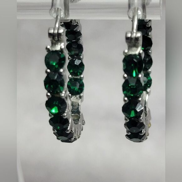 Emerald Color Crystal Hoop Earrings - Picture 3 of 16